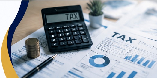 Tax calculator, coins and tax documents